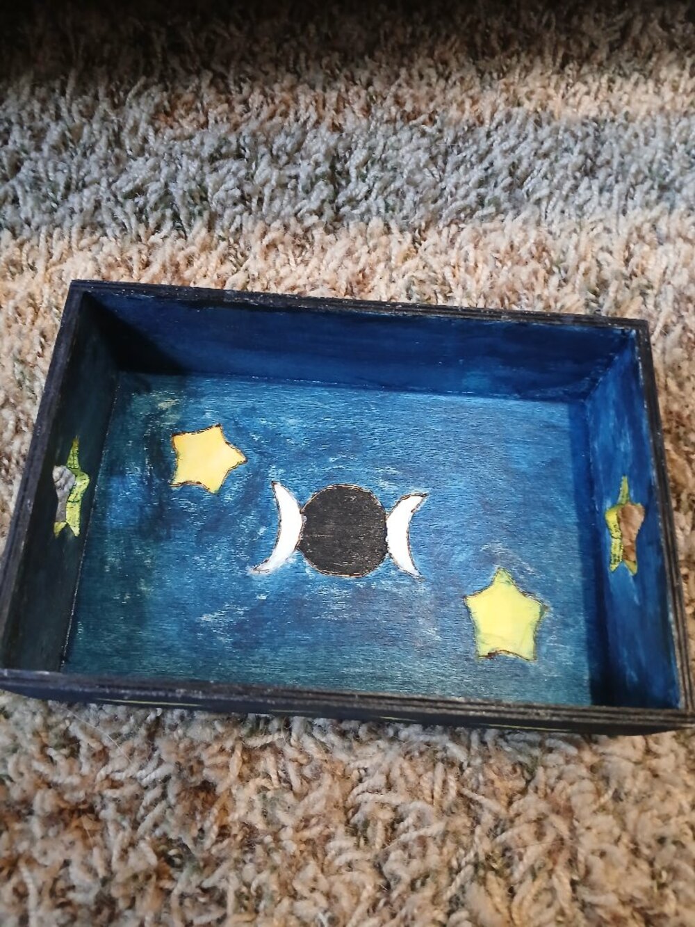 Moon and Stars Hand Painted Wood Burned Trinket Tray